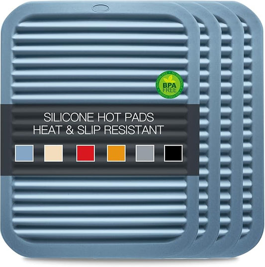 Large Silicone Trivet for Hot Dishes, 4PCS Hot Pads Trivets Mats for Hot Pots and Pans, Heat Resistant Silicone Hot Pot Holders, Blue Tables Mat for Countertop, Jar Opener, Drying Mat