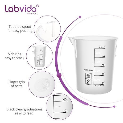 12PCS Mini Plastic Beakers, Vol.50ml(1.69oz) Stackable Measuring Cup with Black Scale line, Plastic Pitcher PP material Ideal for Science Activities and Household Use, LVB011