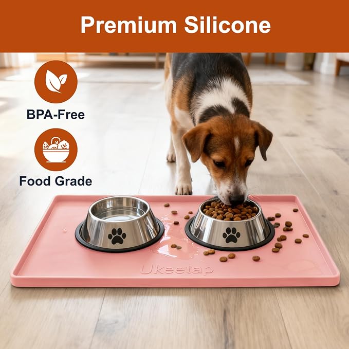 ukeetap 19" x 12" Extra Thick Silicone Mat Waterproof with Raised Edge, BPA Free Non-Slip Dog & Cat Food Mat, Feeding Mat for Food and Water Bowls, Spill Proof Mat to Protect Floors, Pink