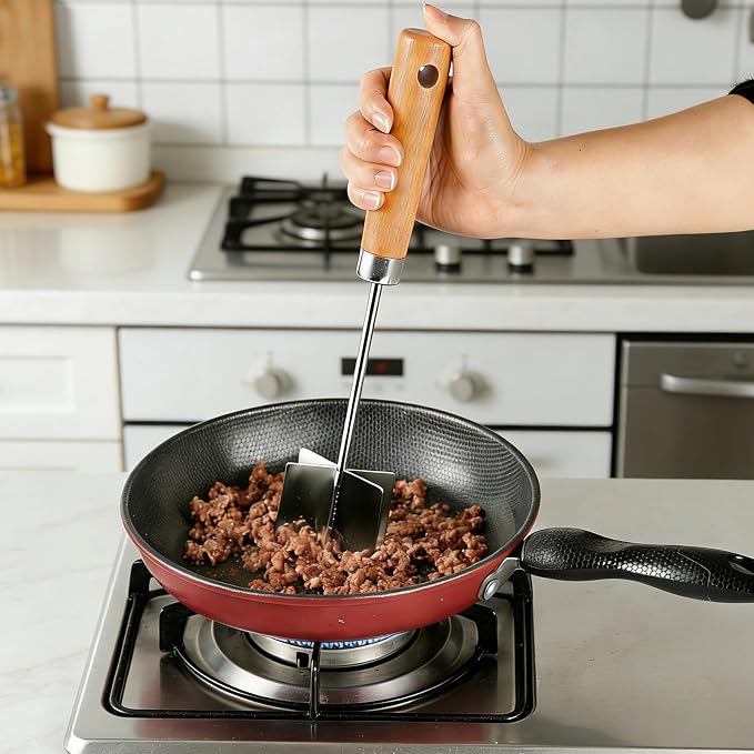Stainless steel Meat Chopper, 6 Curve Blades Ground Beef Smasher,Potato Masher Utensil,Heat-Resistant Hamburger Meat Smasher,Heavy Duty Wooden Handle