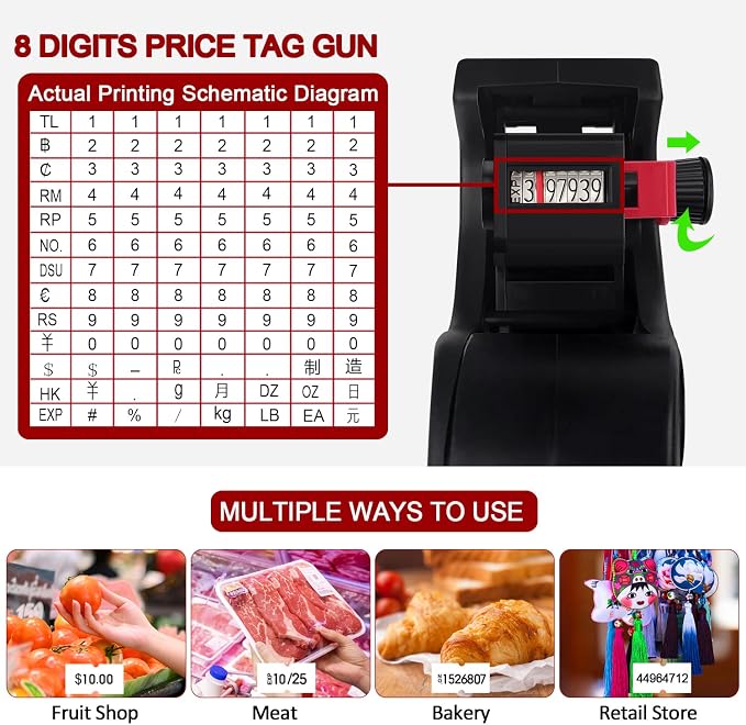 MX-5500 8 Digits Price tag Gun with 5000 Sticker Labels and 3 Ink Refill, Label Maker Pricing Gun Kit Numerical Tag Gun for Office, Retail Shop, Grocery Store (Black)
