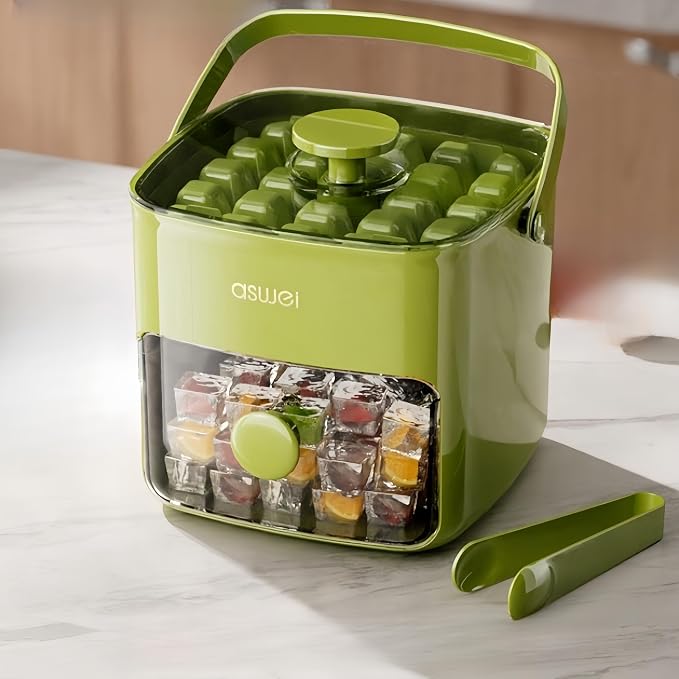 Ice Cube Maker, Ice Cube Tray with Lid and Bin, Portable Small Ice Maker, Handled Press-Type Ice Cube Trays for Freezer with Bucket Tongs for RV, Office, Mini Ice Cube Trays, BPA-Free (Green)