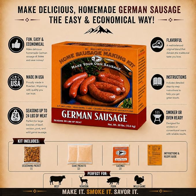 Hi Mountain GERMAN Sausage Kit | Makes 30 lbs | Complete sausage making kit with cure, natural hog casings & directions. Perfect for pork, beef, venison, deer, & elk