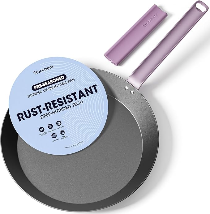12 IN Carbon Steel Frying Pan, Pre-Seasoned Nitrided Preseasoned Skillet | Natural Patina Development with No Chemical Coating; Spacious Cooking Surface for Family Meals & Searing