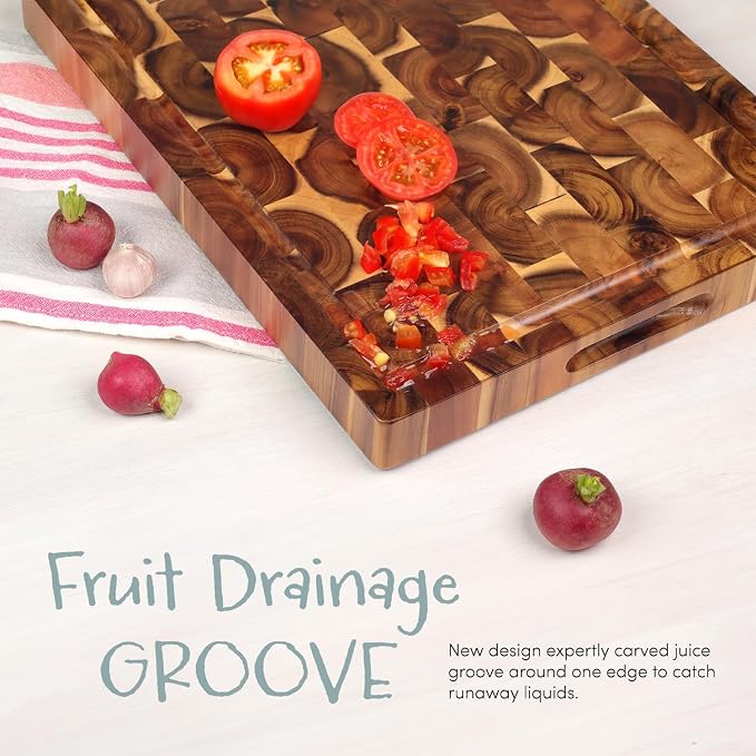 XL Acacia End Grain Wood Cutting Board (20x15x1.5in) Acacia Wooden Cutting Board, Butcher Block, Chopping Board - Reversible Multipurpose For Kitchen with Juice Groove, Cracker Holder & Inner Handles.