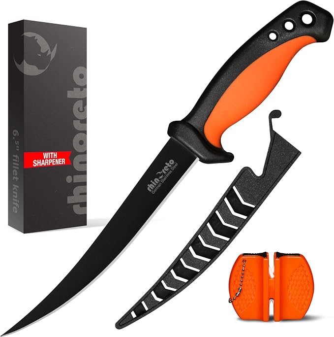 Rhinoreto Fillet Knife for Fish - Razor Sharp G4116 German Stainless Steel Blade, 6.5 Inch Professional Filleting & Boning Knife with Non-Slip Handle, Protective Sheath & Sharpener