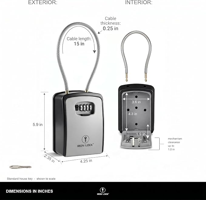 Iron Lock® XXL Portable Key Lock Box, 15in Steel Cable, Code (XXL, Grey) | Holds 20-30 keys + car fobs; unique built-in tray; loops on gate or rail or wall-mounts; resettable code; dial cover