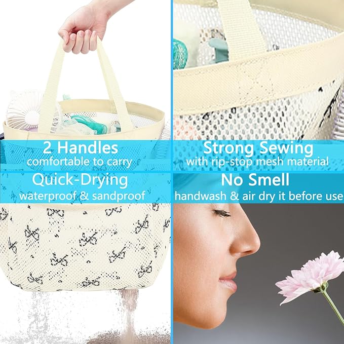 Fammart Mesh Shower Caddy Portable for College Dorm Room Essentials, Odorless Polyester Large Shower Tote Bag with Dual Handles, 8-Pocket Quick-Dry Toiletry Organizer for Travel, Beach, Camping, Gym