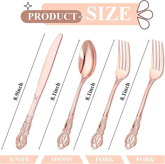 40PCS Rose Gold Plastic Silverware - Heavy Duty Elegant Disposable Utensils - Rose Gold Plastic Cutlery set Includes 20Forks, 10Spoons, 10Knives for Dinner, Parties, Weddings