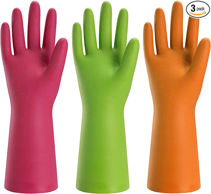 Bamllum 3 Pairs Rubber Cleaning Gloves for Household - Reusable Dishwashing Gloves for Kitchen, Flexible Long-lasting & Waterproof (Medium, Green+Red+Orange)