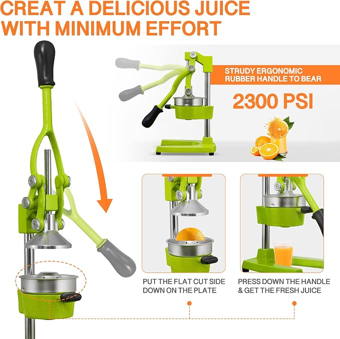 Commercial Heavy Duty Cast Iron Hand Press Manual Orange Citrus Lemon Lime Grapefruit Pomegranate Fruit Juice Squeezer Machine with Stainless Steel Cup Green