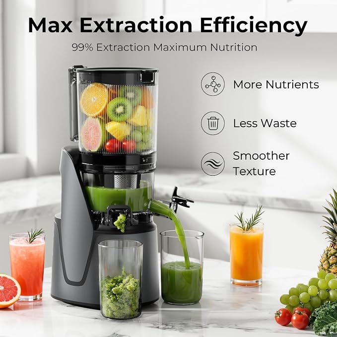 EanOruus Juicer Machines, 3-in-1 Cold Press Juicer, Premium Gray | Makes Juice, Nut Milk & Sorbet, 6.5" Extra Large Chute, 100oz Large Capacity, AC Motor