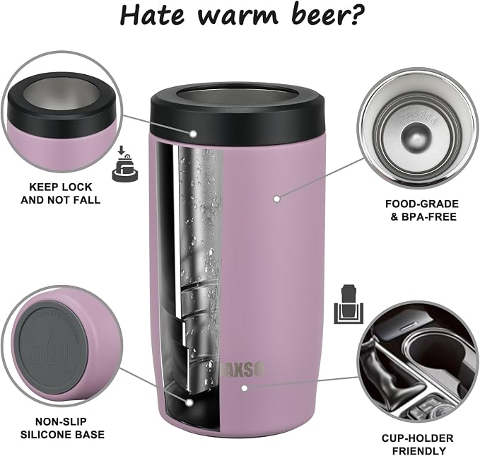 4-in-1 Slim Can Cooler Easy to Hold Insulated Beer Can Holder Double-walled Stainless Steel for All 12 Oz Cans (Purple)