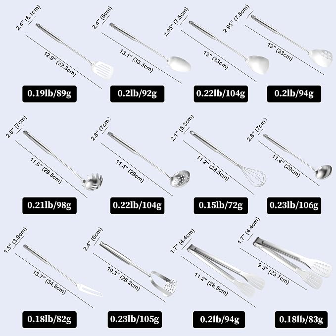 Stainless Steel Kitchen Utensils 12 Pcs, Small Cooking Utensils Set | Dishwasher safe; 304-Healthy; One piece-sturdy; Fits for person new to cooking; Perfect for a B&B or rental or camper