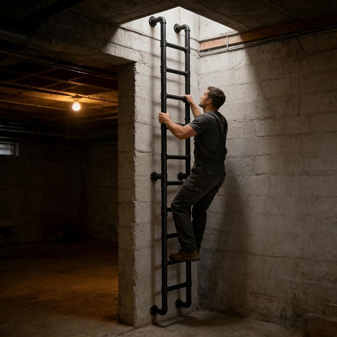 9FT Wall Mounted Ladder Heavy Duty 450lbs Capacity, 9-Step Steel Pipe Fire Escape Ladder for Egress Window & Basement, Industrial Wall/Floor-Mounted Loft