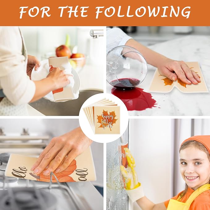 Whaline 6 Pcs Fall Thanksgiving Swedish Dishcloths Pumpkin Maple Leaf Sweater Word Dish Towels Reusable Washable Cotton Kitchen Towels for Autumn Baking Cooking Home Kitchen Decor, 6.7 x 7.7 Inch
