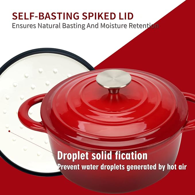 5 QT Enameled Cast Iron Dutch Oven with Self-Basting Lid, Heavy Duty Enamel Coated Soup Pot for Slow Cooking, Stews, Roasts & Bread Baking, Moisture Retention Cooking Pot, Oven Safe to 500°F