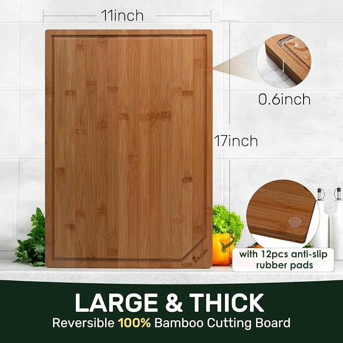Kikcoin 17”×11” Deep-Carbonized Bamboo Cutting Boards for Kitchen, Healthy Wooden Cutting Boards for Kitchen, Charcuterie, Vegetables, Extra Large Chopping Boards with Deep Juice Groove and Handle