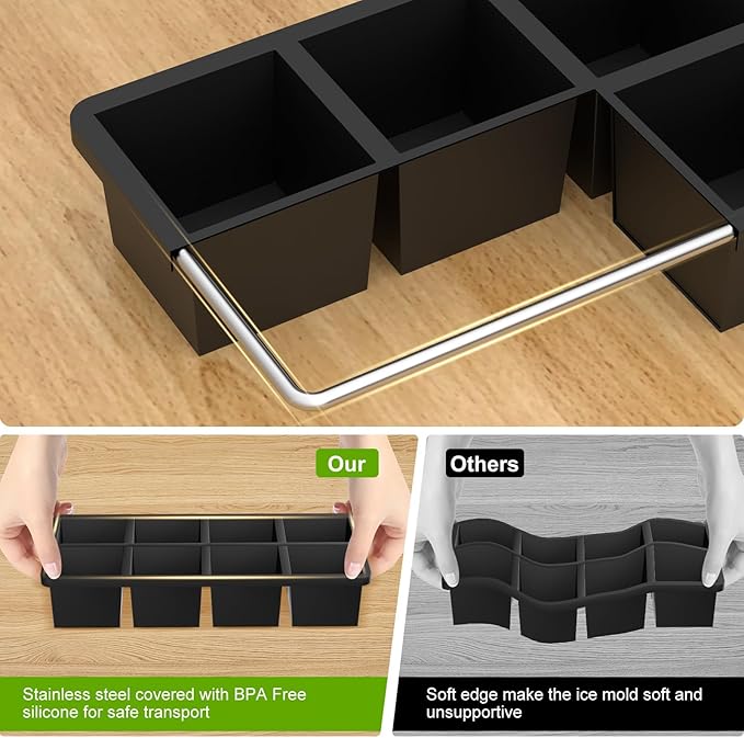 Samuelworld Large Silicone Ice Cube Tray Molds, 3-Pack, Big 2 Inch Cubes - Food Grade, Flexible, 8 Cavity Easy Release Slow Melting Ice for Whiskey, Cocktails, Gifts & Christmas - Black（Ice Bag）