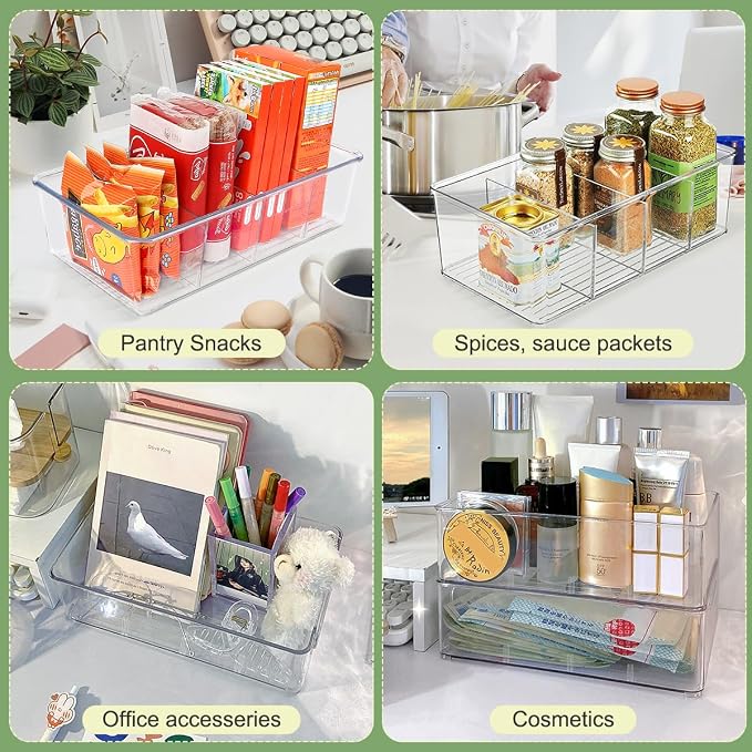 ZIZOTI Snack Organizer for Pantry Shelf, 8 Pack Clear Plastic Pantry Storage Bins with 3 Dividers for Snacks, Spices, Chips Food Organizer, Stackable Pantry Organizers for Kitchen, Fridge, Cabinet