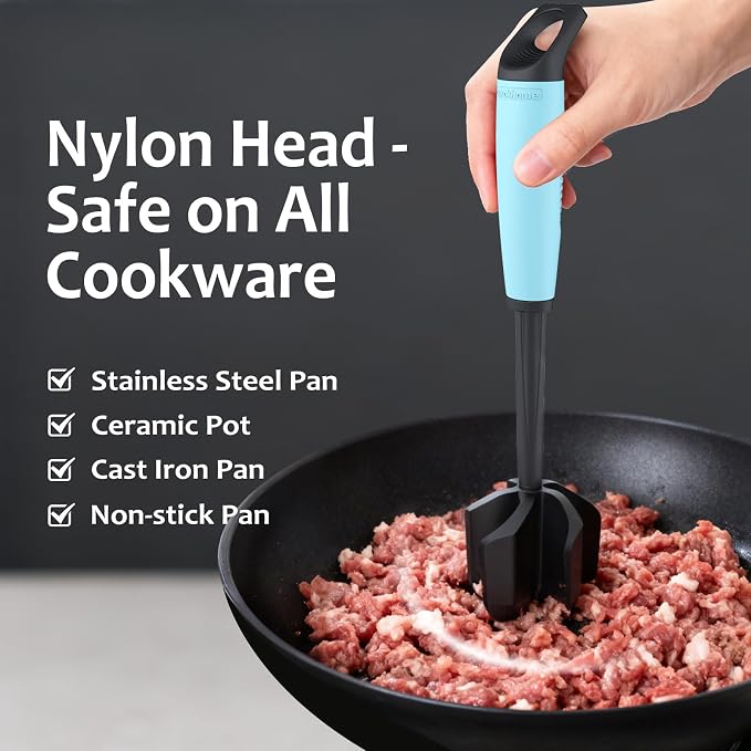 Ourokhome Meat Chopper and Potato Masher, Heat Resistant Nylon Ground Beef Smasher for Hamburger, 5 Curved Blades Nonstick Safe Mixer & Stirrer Practical Kitchen Gadgets, Teal