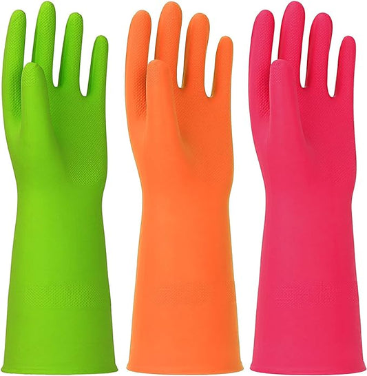 3 Pairs Rubber Cleaning Gloves Latex Free Dishwashing Gloves - 13" Reusable Nitrile Gloves Medium, Green+Orange+Red