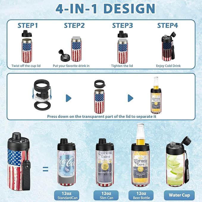4 In 1 Beer Can Cooler Bottle Holder with Drinking Spout Lid for 12oz Regular, Slim Skinny Cans and Thermal Bottles,Sealed Insulated Double Wall Vacuum Stainless Steel Can Keeps Your Drinks Cold