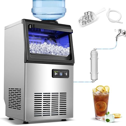 Amzgachfktch Commercial Ice Maker, 110lbs/24H Under Counter Ice Maker with 2 Water Inlet, Ice Maker Machine with 22lbs Storage, Auto Self-Cleaning, Freestanding Ice Machine for Bar Home Office