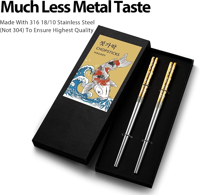Carp Gold Reusable Chopsticks Square Metal Stainless Steel 316 18/10 Non-Slip Dishwasher Safe Designed In Korea Japanese Style (Gold - 2 Pairs)