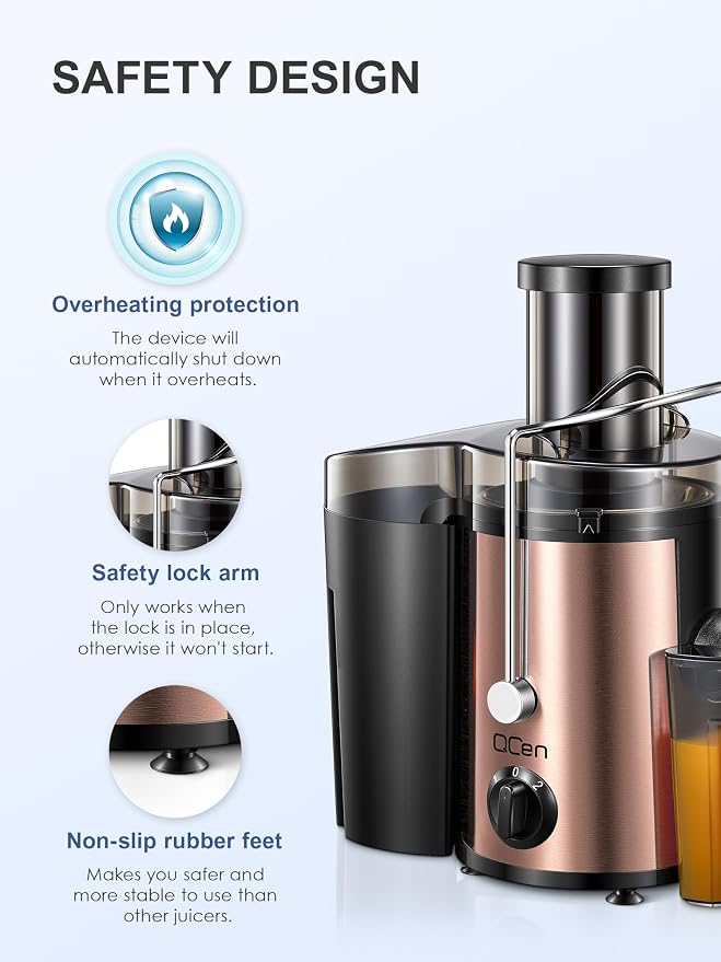 QCen Juicer Machine 500W Centrifugal Juicer with Extra Wide Feed Chute | For Fruits And Vegetables, Stainless Steel, BPA-Free Parts, Easy To Clean, Rose Gold Finish, Compact Countertop Juicer