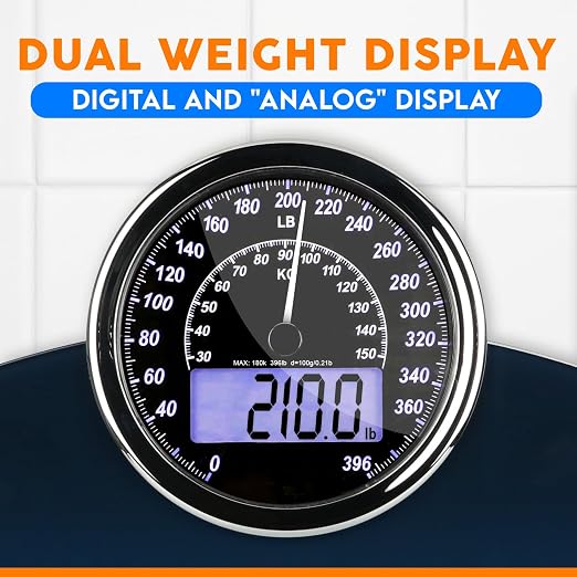 ZENO Hybrid 2-in-1 Analog & Digital Weighing Scale for Body Weight up to 400lbs - Thick Tempered Glass - Extra Large Display - Easy to Read Digital Bathroom Scale - New - Dark Blue