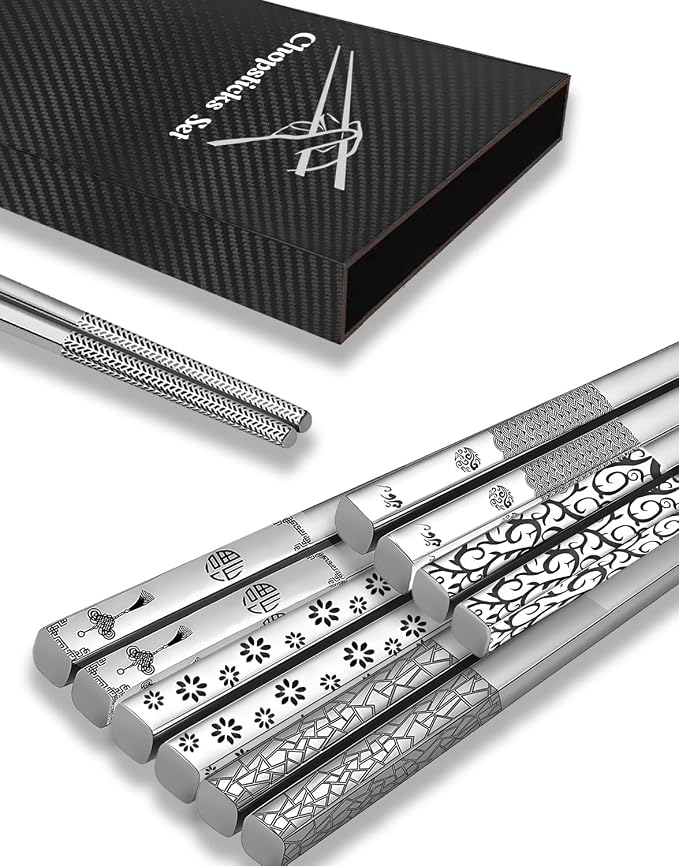 Metal Chopsticks Reusable 5 Pairs 18/8 Stainless Steel Chopsticks Mixed Set | Dishwasher Safe,Non-Slip Grip,Good for Beginners,Come in a Gift Box,SUS304 Resistant to Rust,Square,Chop Sticks Silver,9.25''