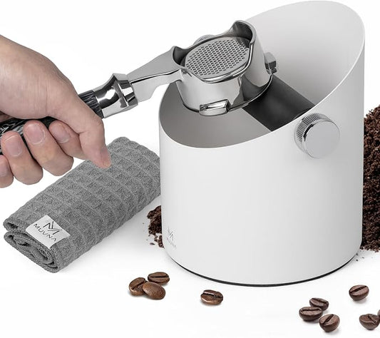 Espresso Knock Box, Coffee Grounds Container, Large 15-Puck Capacity - Removable Silent Silicone Bar & Non-Slip Base, Heavy Duty #45 Carbon Steel, Slanted Mouth Dump Bin for Barista (White)