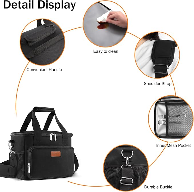 Lunch Bags for Women/Men, Insulated Lunch Bag for Work Office Picnic - Large Lunch Cooler Bag Leakproof Lunch Box with Adjustable Shoulder Strap for Adults - Black(15L)