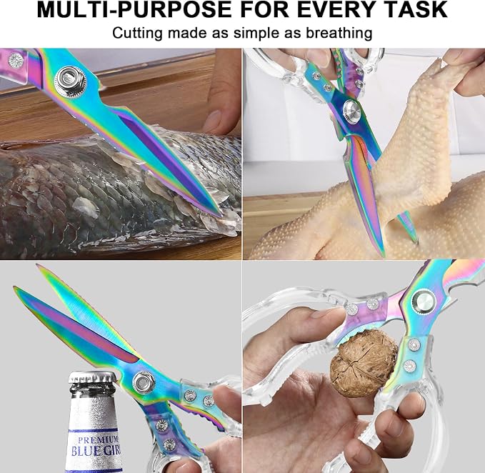 CGBE Kitchen Scissors, Multi-Purpose Kitchen Shears, Heavy Duty Food Scissors for Chicken, Poultry, Fish, Meat & Herbs with Non-Slip Grips (Transparent Colorful)