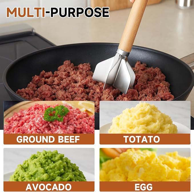 Stainless Steel Meat Masher, Meat Chopper, 11 Inch with Cleaning Brush | Ground Beef Chopper Tool, Hamburger Smasher Tool for Hamburger Meat, Ground Beef, Turkey, or Potatoes