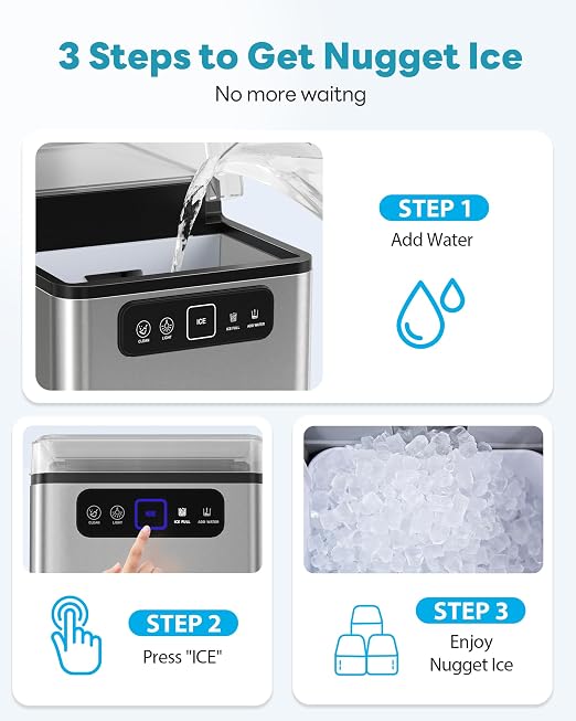 Nugget Ice Maker Countertop, Pellet Ice Machine Soft Chewable Ice 40lbs/Day, One-Click Operation, Auto Self-Cleaning Crushed Ice Makers Stainless with Scoop for Home/Kitchen/Office (Grey)