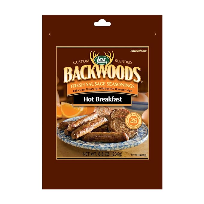LEM Products Backwoods Hot Breakfast Fresh Sausage Seasoning, 8.3 oz Packet | Pre-Measured Seasoning for Wild Game and Domestic Meat, Seasons Up to 25 Pounds of Meat for Homemade Patties and Sausages