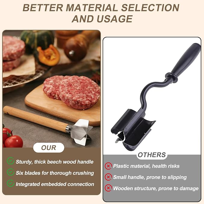 304 Stainless Steel Meat Chopper Wooden Meat Chopper 6 Curve Blades Meat Masher Ground Beef Chopper Tool 11 Inch Metal Meat Masher for Making Ground meat, Mashed potatoes, Jam