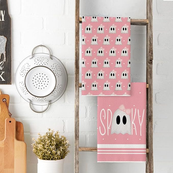 Artoid Mode Pink Ghost Halloween Kitchen Towels Set of 2 18x26 Inch | Spooky Bow Knot Hand & Dish Towels,Ultra Absorbent,Seasonal Farmhouse Decoration
