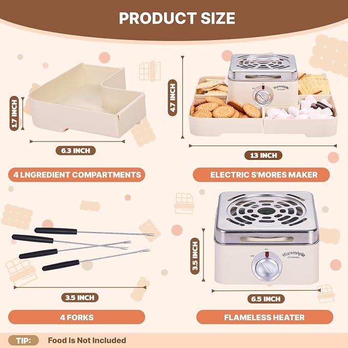 Electric Smores Maker - Indoor Smores Kit with 4 Detachable Trays, 4 Stainless Steel Forks - Flameless Smores Maker Tabletop Indoor Kit (White)