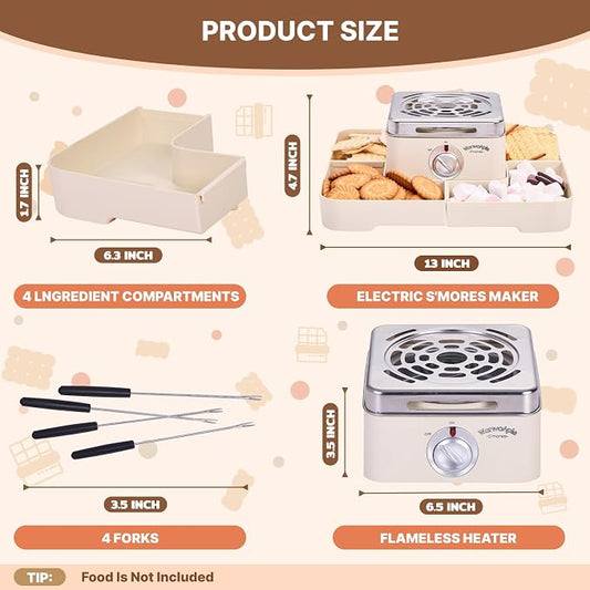 Electric Smores Maker - Indoor Smores Kit with 4 Detachable Trays, 4 Stainless Steel Forks - Flameless Smores Maker Tabletop Indoor Kit (White)