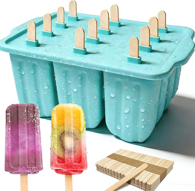12 Pieces Silicone Popsicles Molds, Reusable Popsicle Maker Holder with 50 Sticks, DIY Ice Cream Cake Pop Mold for Homemade Frozen Dessert Juice Fruit Easy Release Mint Green
