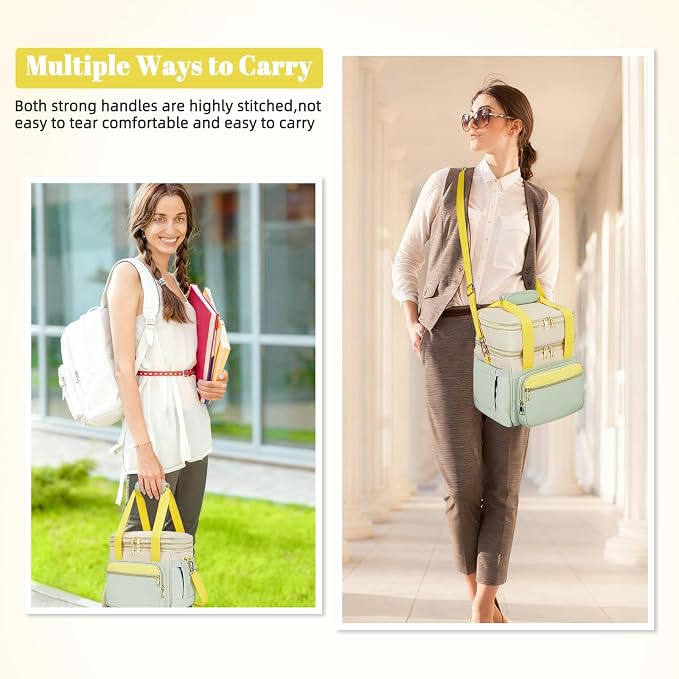 holuxer Insulated Lunch Bag & Lunch Box for Women - Double Deck Reusable Lunch Bag for men Tote Cooler Bag Leakproof Soft Expandable - Large Lunchbox for Work/Adult/Picnic/Outdoor (Green，15L)