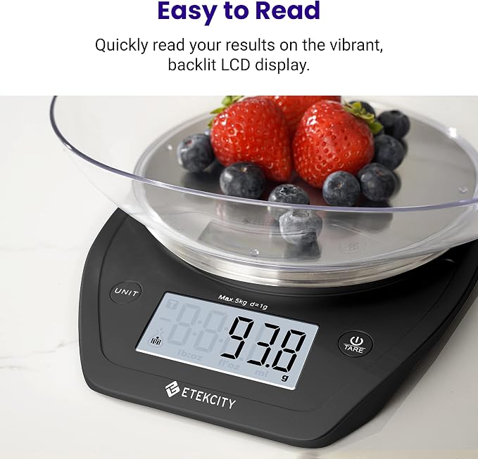 Etekcity 0.1g Food Scale, Bowl, Digital Grams and Ounces for Weight Loss, Dieting, Baking, Cooking, and Meal Prep, 11lb/5kg, Stainless Steel Black | 11lb/5kg capacity with tare, removable bowl, ideal for baking, coffee, meal prep and portion control, S...