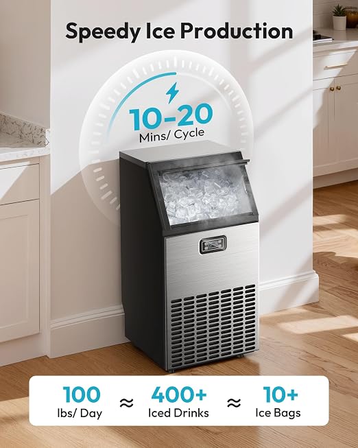 EUHOMY Commercial Ice Maker Machine - 100lbs Daily Production, 33lbs Ice Storage, Stainless Steel Freestanding & Under Counter Ice Maker, Ideal Ice Maker for Home/Bar/Restaurant/Outdoor Activities