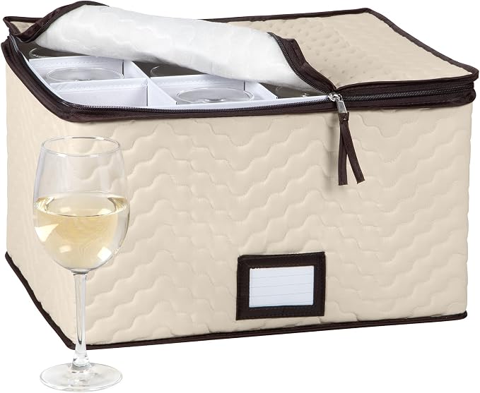 Wine Glass Storage Box with Dividers, Holds 12 Glasses up to 3.75" Wide | Stemware Storage Case, Protects Fine China, Durable Quilted Microfiber, Carry Handles, Ideal for White Wine