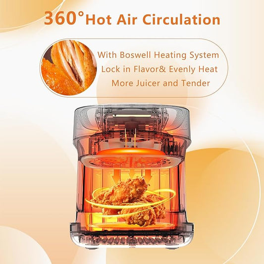 BOSWELL Glass Air Fryer, 7.5 QT with Transparent Fry Bowl, Circulating Heating, Temperature Control, Stainless Steel Air Fryer Roast, Dishwasher Safe (Green)