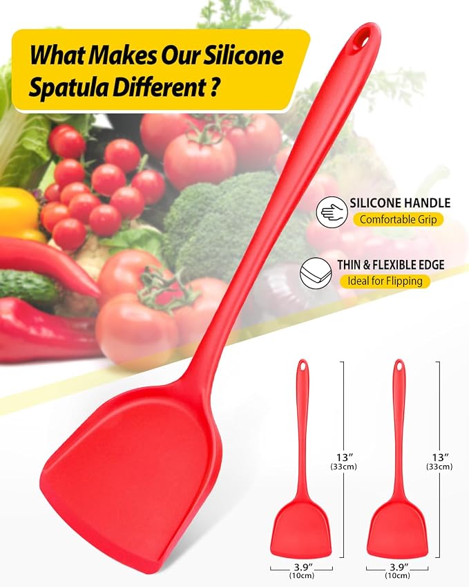 BUNDLEPRO Silicone Seamless Wok Spatula, 2 Pack, Red | Non-Stick, Heat Resistant, Easy to Clean, Dishwasher Safe, Ideal for Cooking, Baking, Stir-Fry