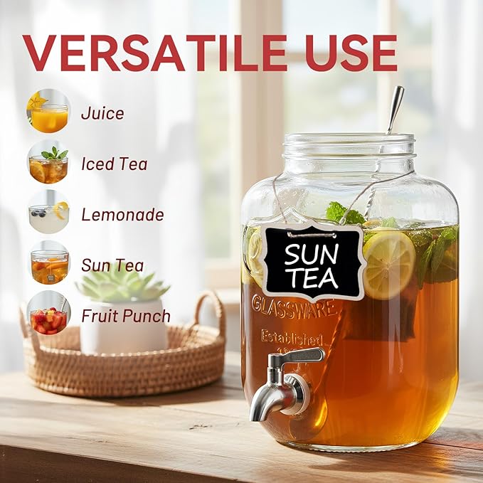 2 Gallon Glass Drink Dispensers for Parties, KIKCOIN Leakproof Beverage Dispenser with Stand & 18/10 Stainless Steel Spigot & Fruit Infuser -for Lemonade, Juice, Punch, Sun Tea Jars for Outside